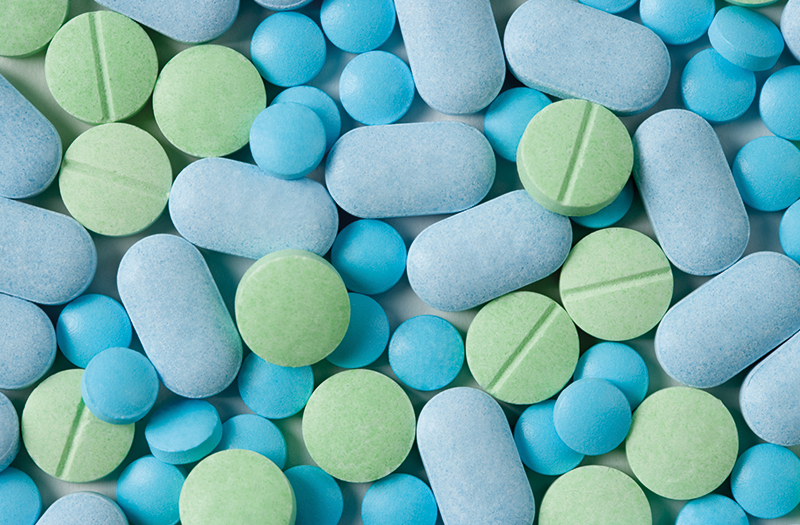 A variety of multi-coloured tablets and medication