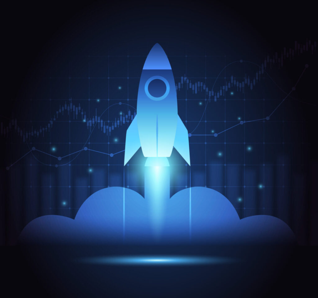 Start up concept with Financial graph and rocket launch on blue chart colour background