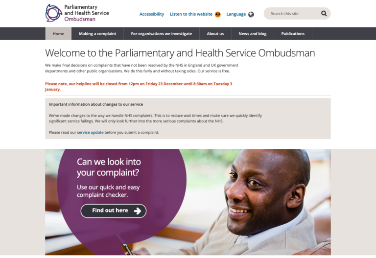 Screenshot of the Parliamentary and Health Service Ombudsman website, showing link for NHS patients complaints
