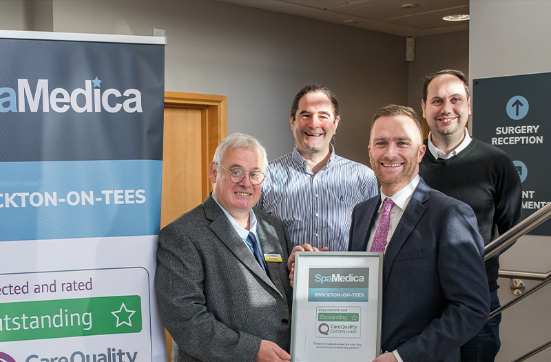 Stockton MP Matt Vickers handing outstanding CQC certificate to Stockton hospital manager wit SpaMedica medical director and associate medical director in attendance