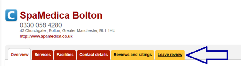 A snippet from the SpaMedica Bolton hospital profile from the NHS website, showing tabs and pointing to the Leave Review tab, showing where to click to leave a SpaMedica NHS review